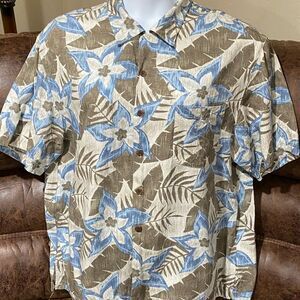 Mens XL CARIBBEAN JOE Hawaiian Button Down Shirt Blue & Tan EUC